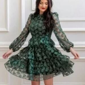 NWOT Rachel Parcell Metallic Embroidered Long Sleeve Ruffle Dress Green Floral L